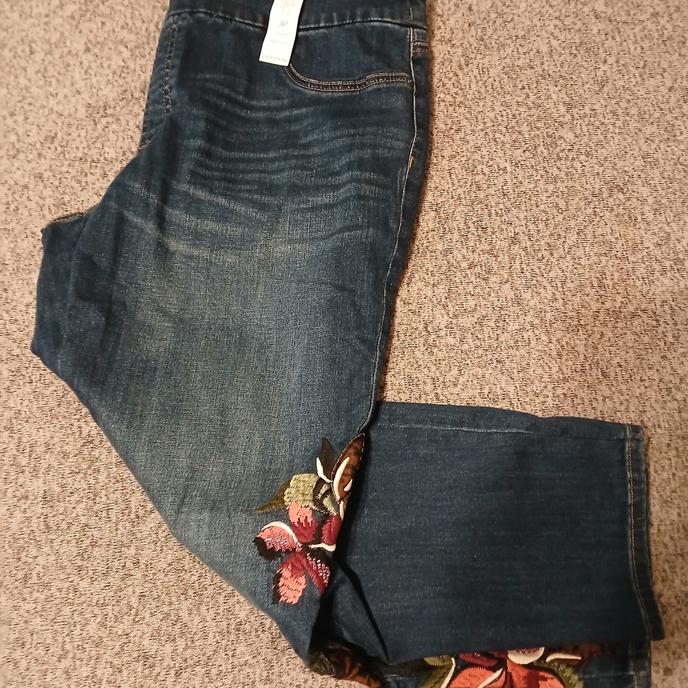Chico's Dark Blue Flare Jeans with Floral Embroidery